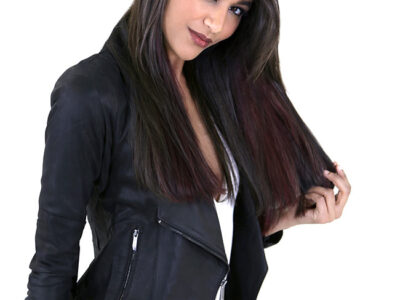 brunette model with long black hair extensions